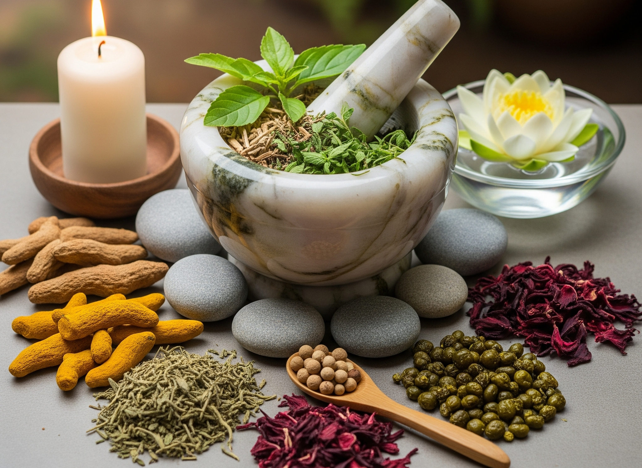 A serene image representing Ayurvedic herbs and balance