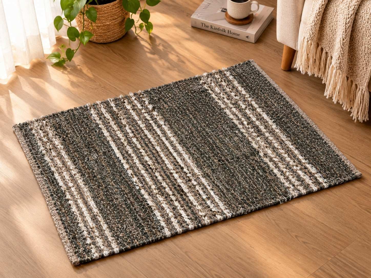 Charcoal & Cream Handwoven Striped Rug