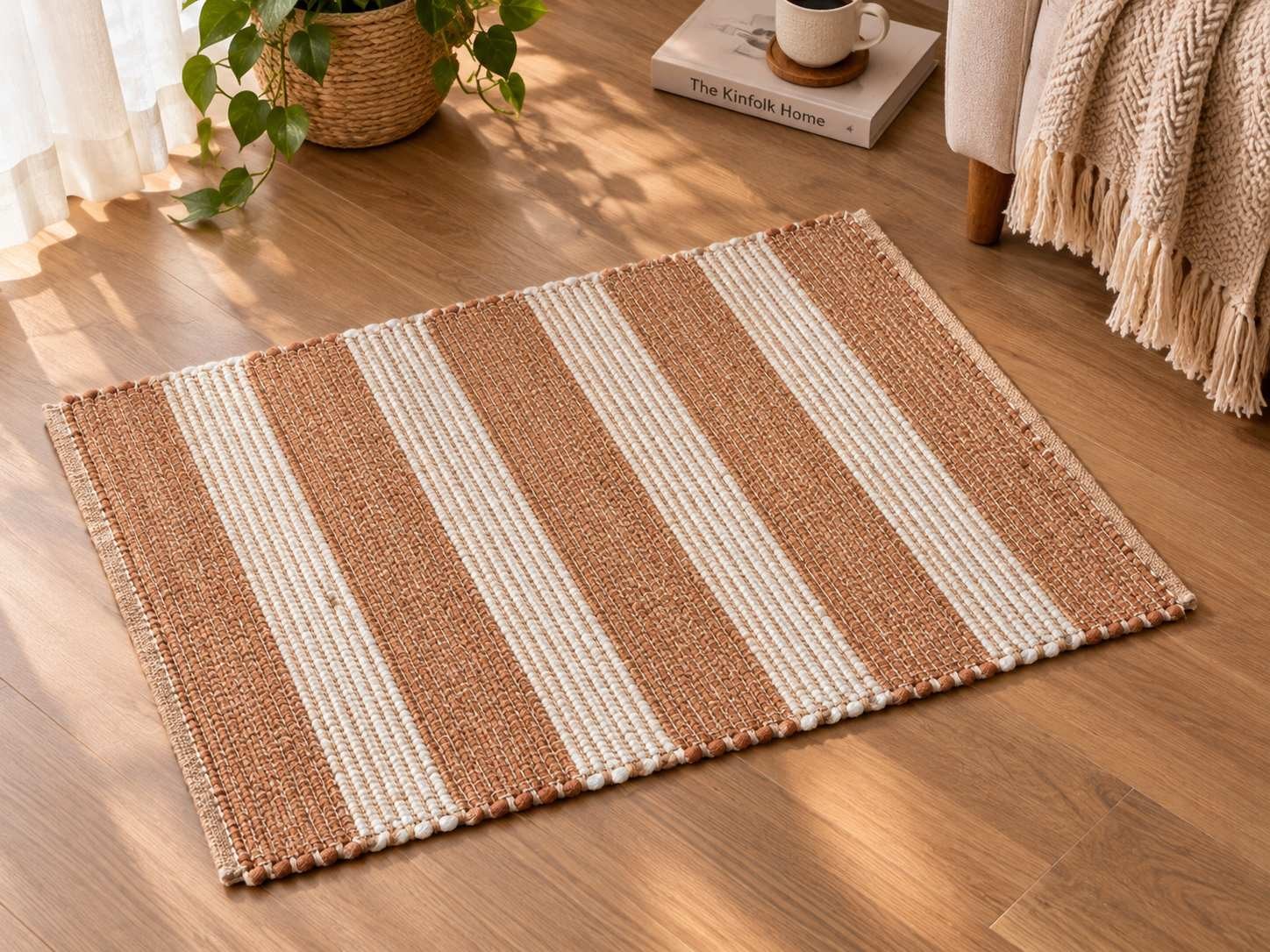 Rustic Terracotta & Cream Handwoven Striped Rug